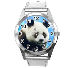 Silver Leather Round Watch for Fans of Panda