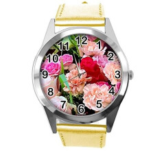 Gold Leather Round Watch for Flowers Fans e4