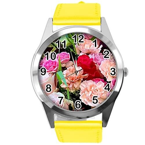 Yellow Leather Round Watch for Flowers Fans e4