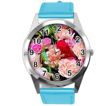 Blue Leather Round Watch for Flowers Fans e4