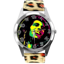 Leopard Print Leather Round Watch for Reggae Fans