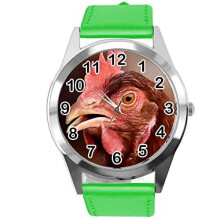 Green Leather Round Watch for Fans of Chicken