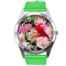 Green Leather Round Watch for Flowers Fans e4