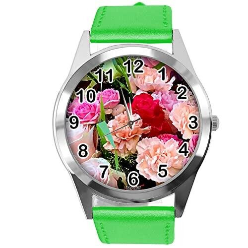 Green Leather Round Watch for Flowers Fans e4