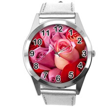 Silver Leather Round Watch for Flowers Fans e3