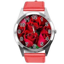 Red Leather Round Watch for Flowers Fans e2