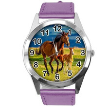 Purple Leather Round Watch for Horse Fans E5