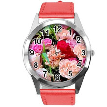 Red Leather Round Watch for Flowers Fans e4