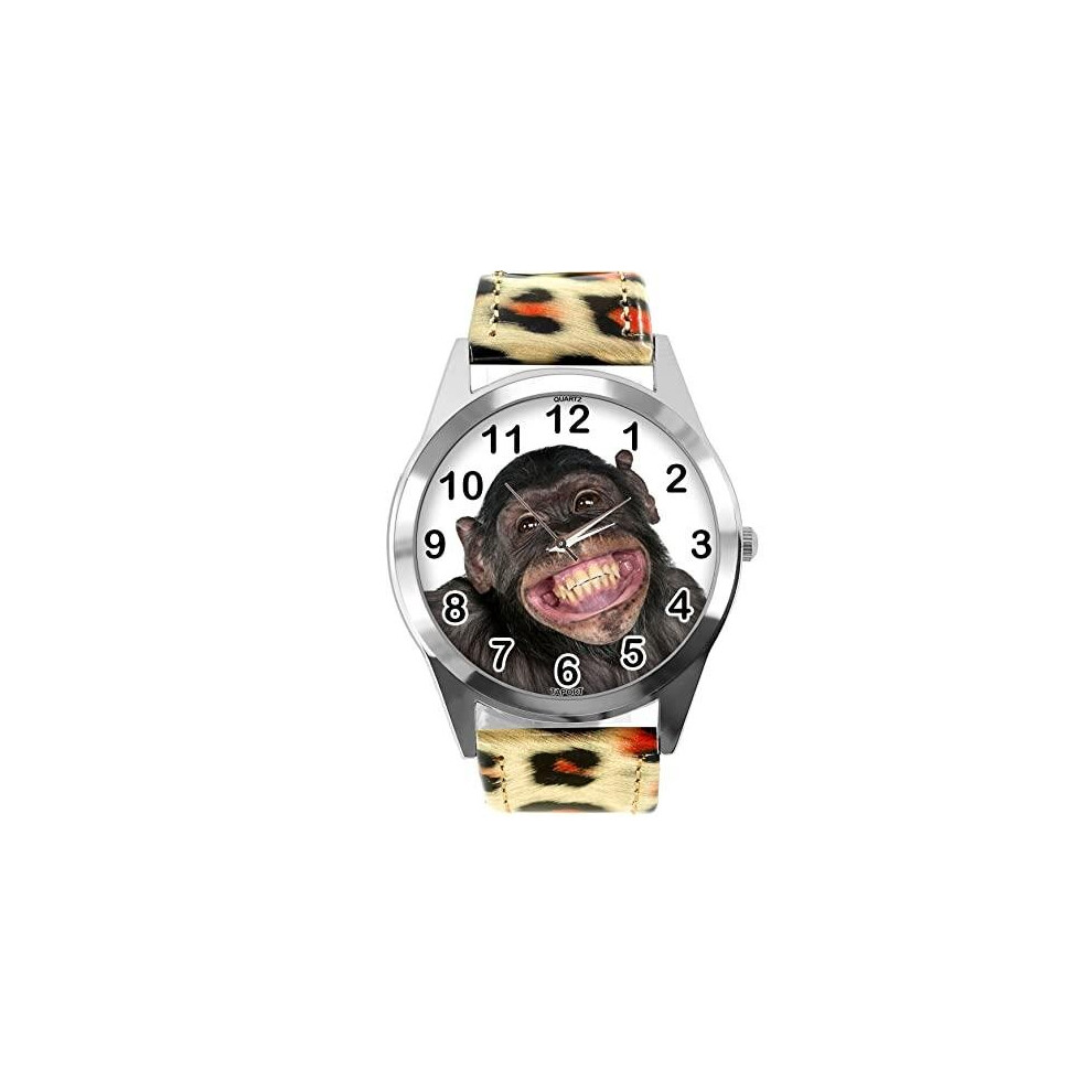 Photos - Wrist Watch Leopard Print Leather Round Watch for Fans of Monkey