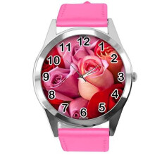Hot Pink Leather Round Watch for Flowers Fans e3