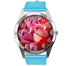 Blue Leather Round Watch for Flowers Fans e3