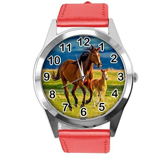 Red Leather Round Watch for Horse Fans E5