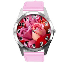 Pink Leather Round Watch for Flowers Fans e3