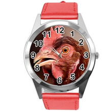 Red Leather Round Watch for Fans of Chicken