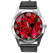 Black Leather Round Watch for Flowers Fans e2