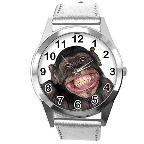 Silver Leather Round Watch for Fans of Monkey