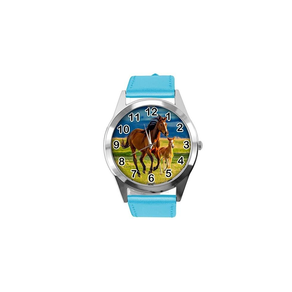Blue Leather Round Watch for Horse Fans E5