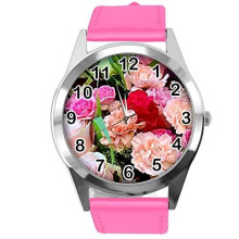 Hot Pink Leather Round Watch for Flowers Fans e4