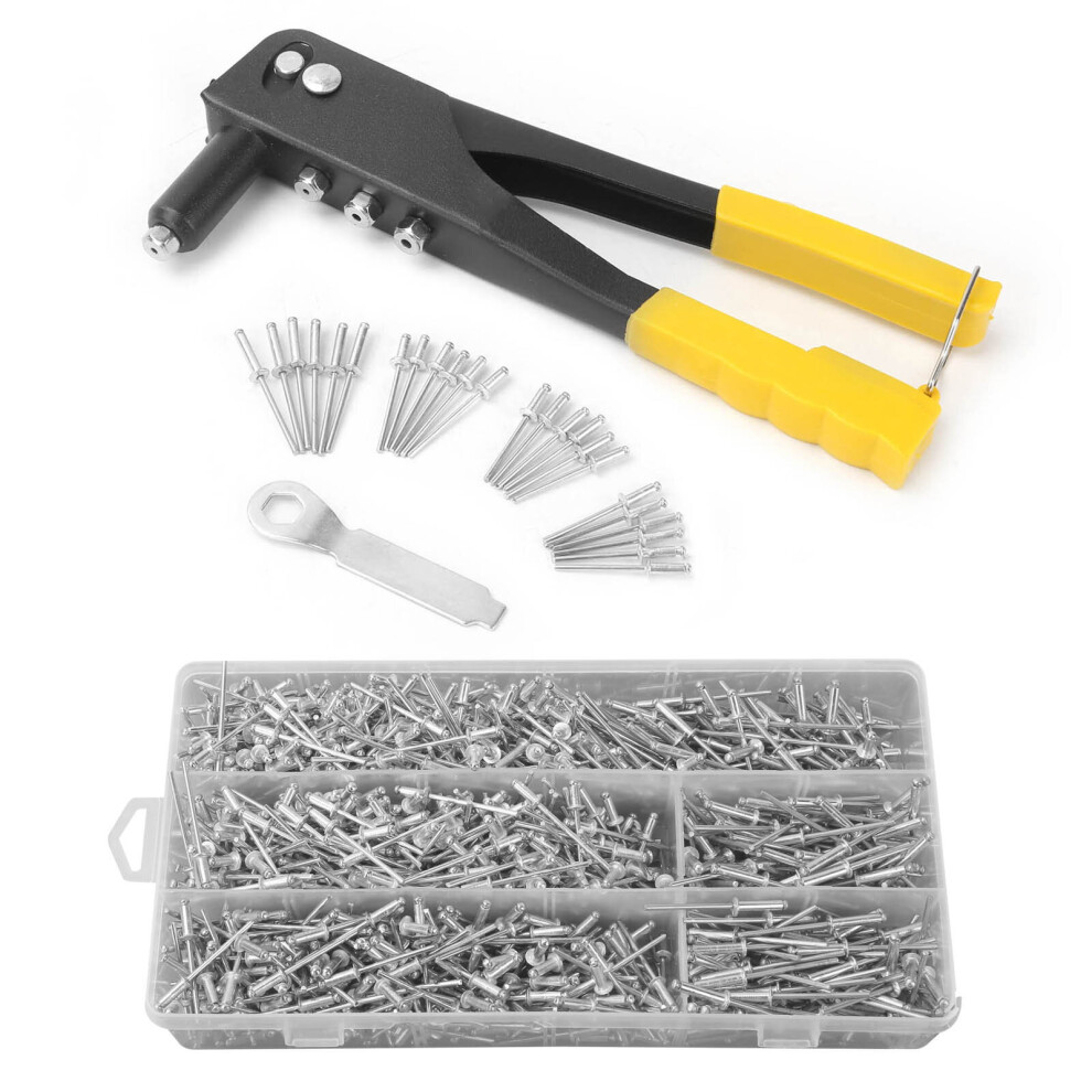 Hand Rivet Gun 4 Head Nozzle Riveter Plus 1000 Assorted Pop Rivets