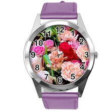 Purple Leather Round Watch for Flowers Fans e4