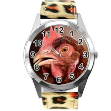 Leopard Print Leather Round Watch for Fans of Chicken