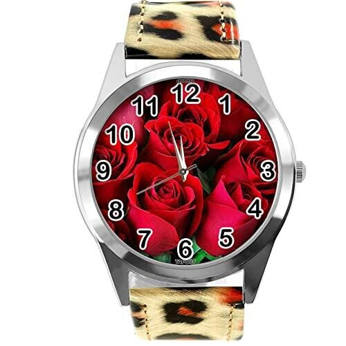 Leopard Print Leather Round Watch for Flowers Fans e2
