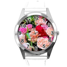 White Leather Round Watch for Flowers Fans e4