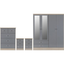 Nevada 4 Piece Grey Gloss Bedroom Set - 4 Door 2 Drawer Mirrored Wardrobe, 5 Drawer Chest & 2 x 3 Drawer Bedside