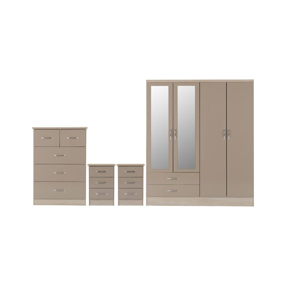 Nevada 4 Piece Oyster Gloss Bedroom Set - 4 Door 2 Drawer Mirrored Wardrobe, 5 Drawer Chest & 2 x 3 Drawer Bedside