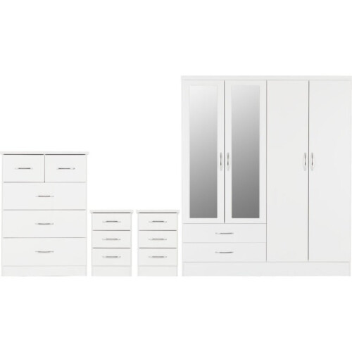 Nevada 4 Piece White Gloss Bedroom Set 4 Door 2 Drawer Mirrored Wardrobe, 5 Drawer Chest & 2 x