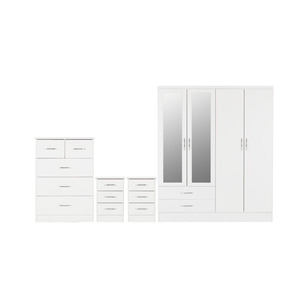 Nevada 4 Piece White Gloss Bedroom Set - 4 Door 2 Drawer Mirrored Wardrobe, 5 Drawer Chest & 2 x 3 Drawer Bedside