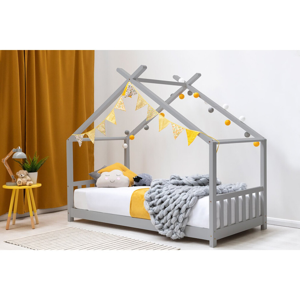 Kids Grey Canopy Wooden House Bed Frame