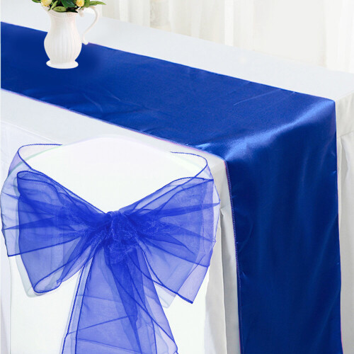 (Royal Blue, 100 Sashes + 10 Runners) Time to Sparkle Organza Chair Sashes Bows + Satin Table Runner Wedding Party Decoration