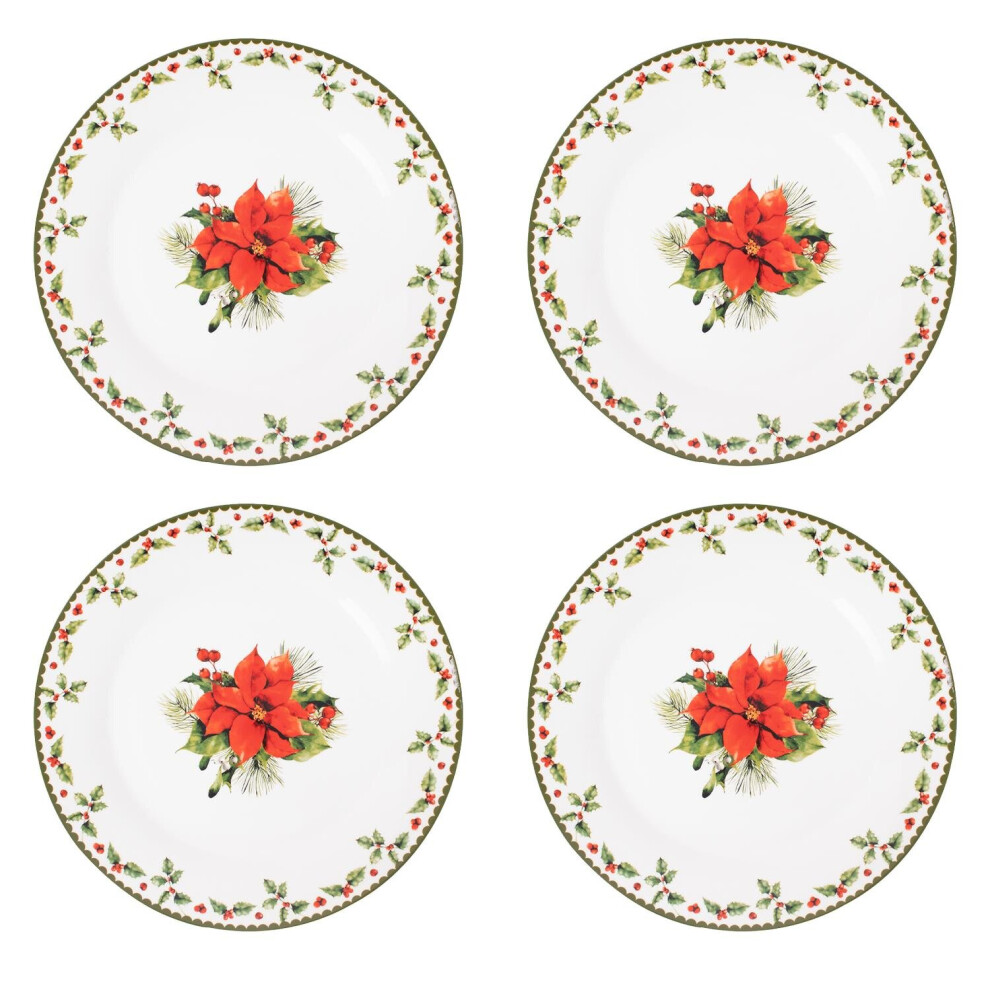 Set Of 4 Plates Christmas Holly Porcelain Festive Dinner Setting Xmas