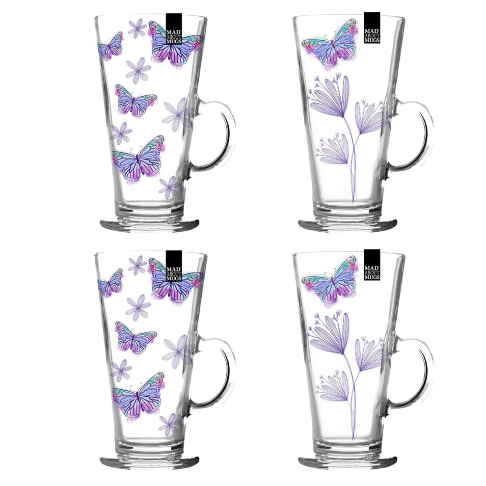 Set of 4 Latte Glasses Butterfly Clear Glass Coffee Mug Tea Chocolate Kitchen