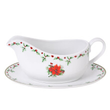XM6474 350ml Gravy Boat & Saucer - Holly Range Porcelain Jug, Festive Christmas