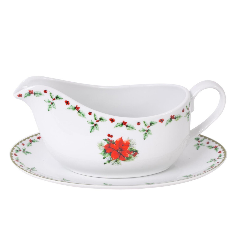 Harvey & Mason Xm6474 350Ml Gravy Boat & Saucer - Holly Range Porcelain Jug, Festive Christmas