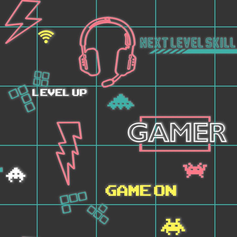 Holden Gamer Boys Black Neon Pink Boys Space Invader Paste The Paper Wallpaper 5022976133112