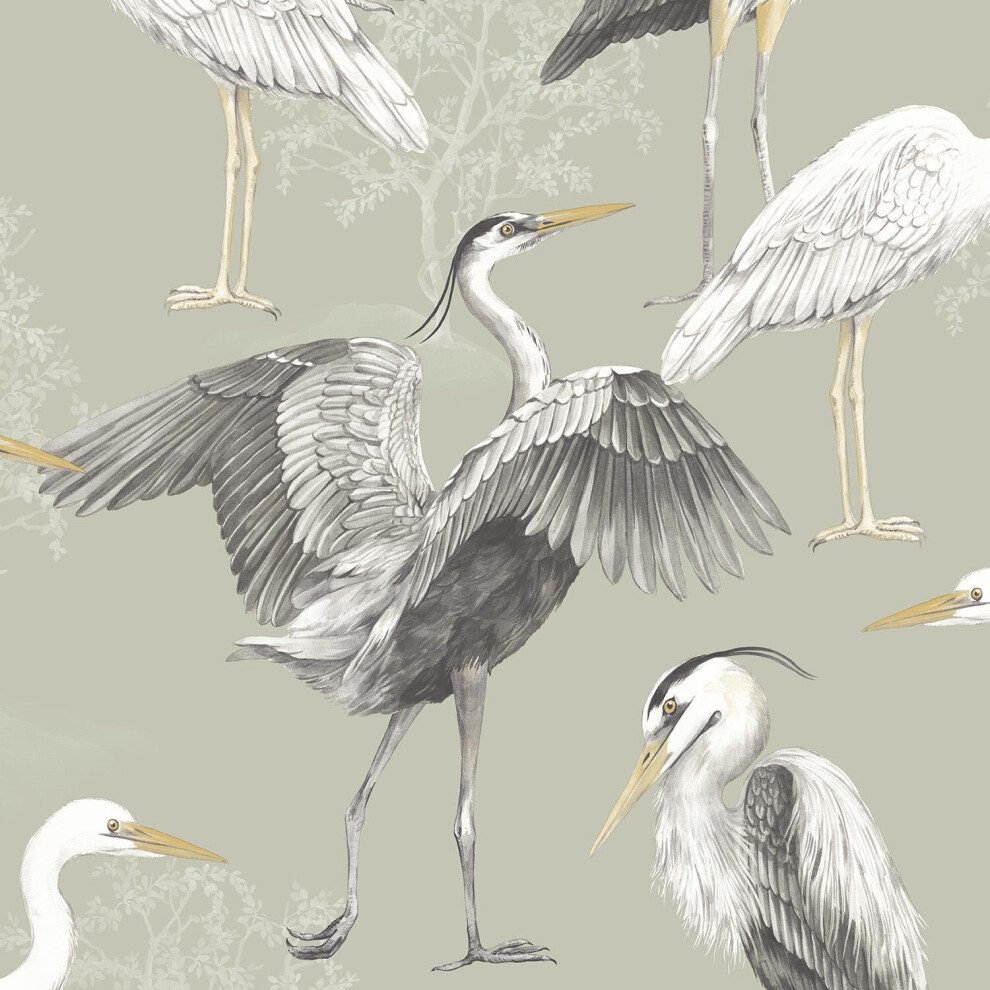 Elegant Homes Heron Birds Wallpaper Sage Green White Natural The Design Library 5901638010780