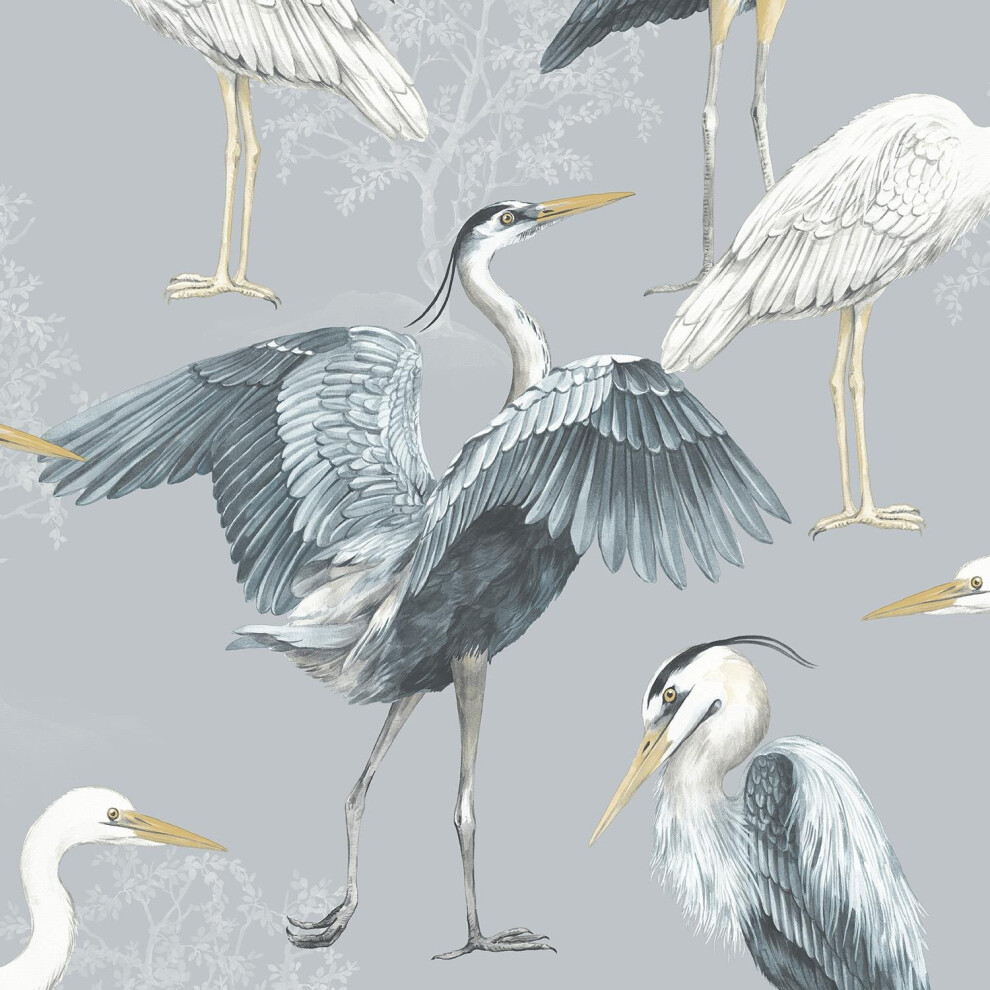 Elegant Homes Heron Birds Wallpaper Blue Grey White Natural The Design Library