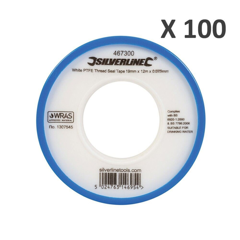 Silverline White PTFE Tape x100 Threaded Seal Water Plumbing Tape 12mmx12m WRAS