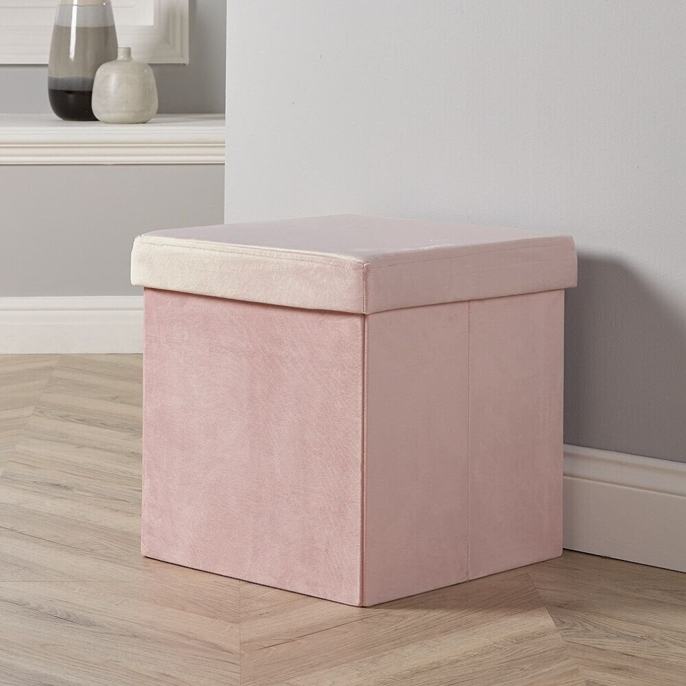 (Blush) Flat Velvet Folding Ottoman Fabric Storage Chest