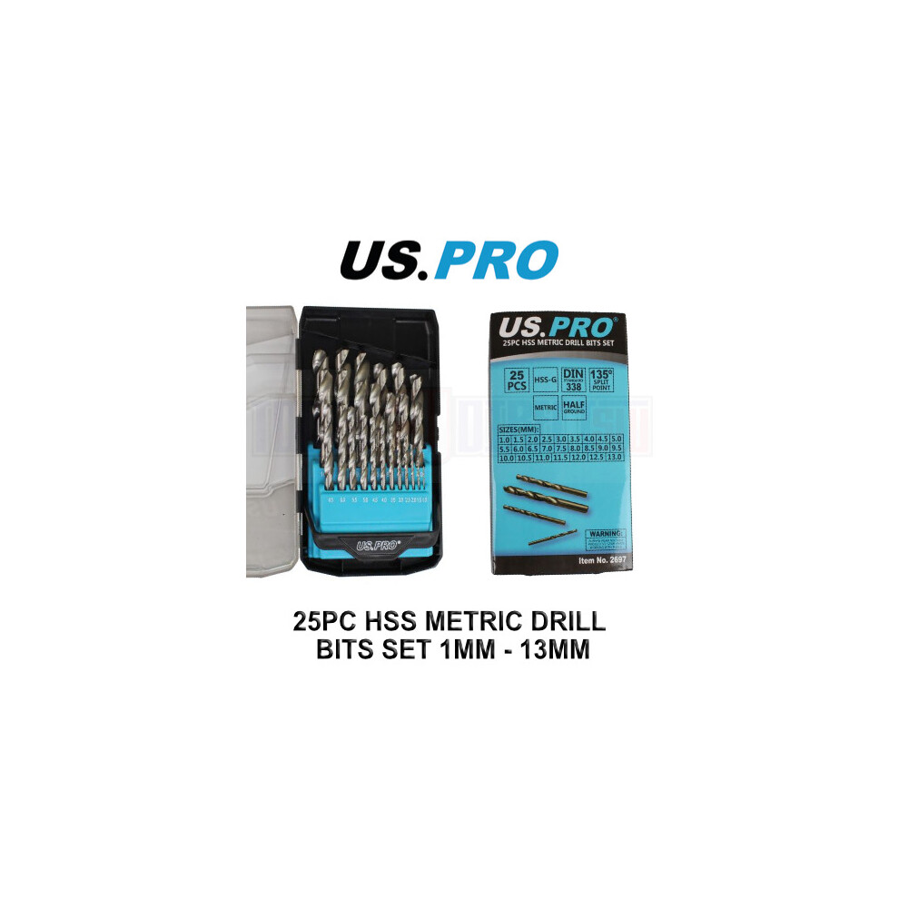 Us Pro Tools 25Pc Hss Metric Drill Bit Bits Set 1Mm To 13Mm In Case 2697