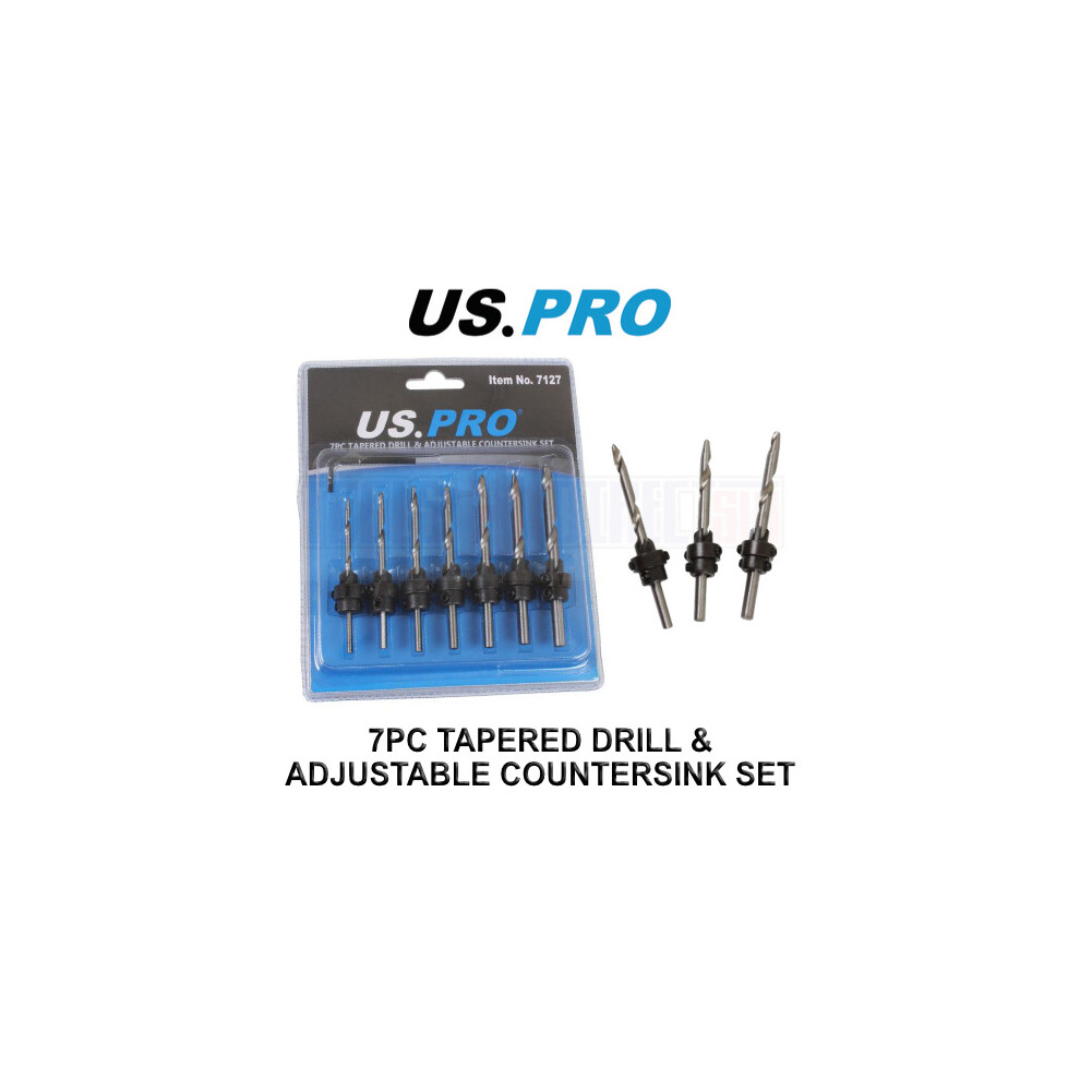 US PRO Tools 7pc Tapered Drill & Adjustable Countersink HSS-G Set 7127