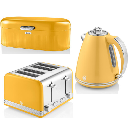 Swan Retro Yellow 1.5L 3KW Jug Kettle, 4 Slice Toaster & Bread Bin Set