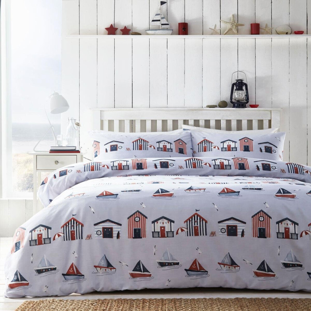 (Double) Duvet set beach hut coastal sailing boat seaside light grey bedding quilt cover