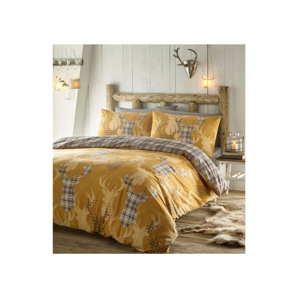 (King) Stag duvet set tartan quilt cover ochre mustard