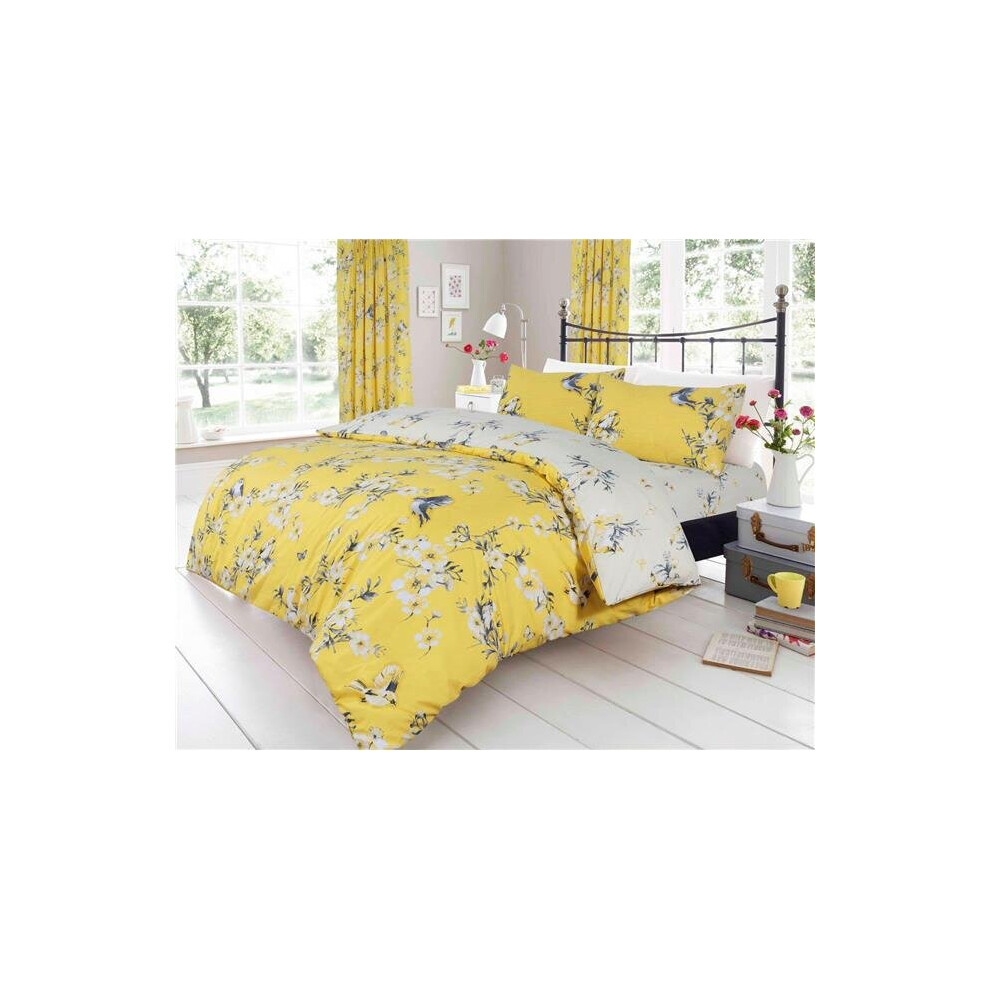 (King) Duvet Set Ochre Yellow Flowers Birds Blossom Bedding Quilt Cover Pillow Cases