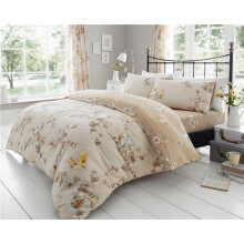 (Single) Duvet set blossom flowers birds natural beige & ochre bedding quilt cover set