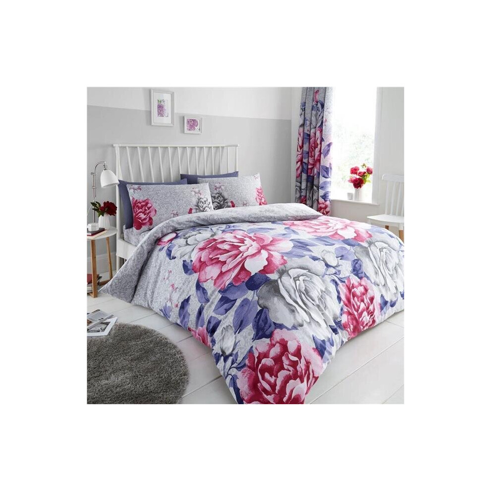 (King) Duvet Set Grey Pink Flowers Purple leaf Floral Quilt Cover Pillow Cases Bedding